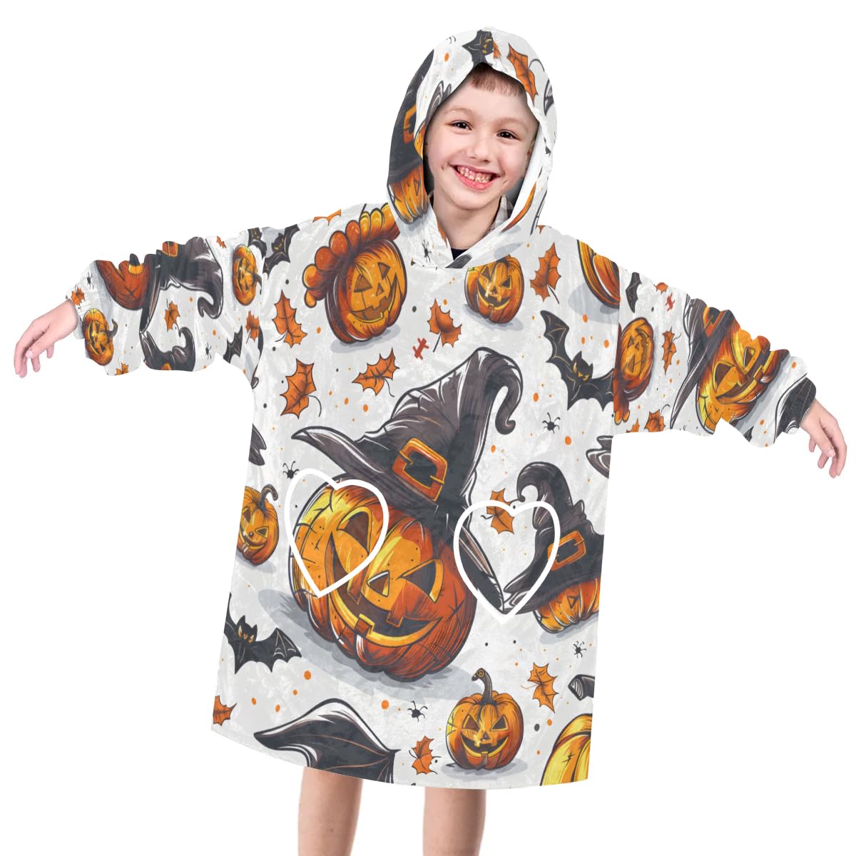 Wearable Blanket Hoodie for Kids, Cute pumpkin head Fleece Sweatshirt Blanket Witch hat pumpkin head Oversized Blanket Sweatshirt with Pocket Flannel Warm Hooded Blanket 6-10 Year Old Girl Boy Gift