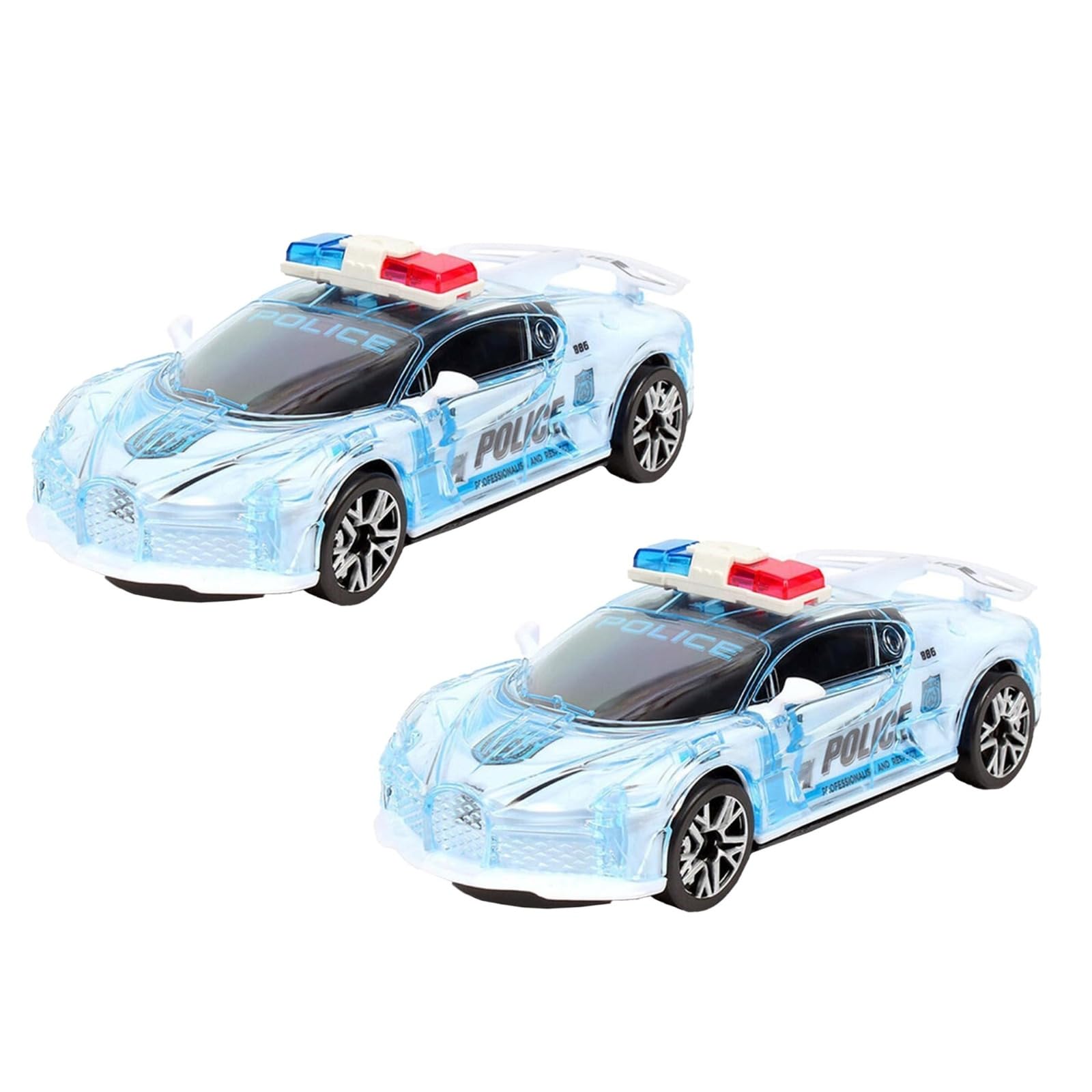 MSQUARE Transparent White Police Toy Car, Pull-Back Mechanism, Eye Catching Design, Flashing LED Light With Police Siren Sound, Long Lasting Fun, (2pcs)