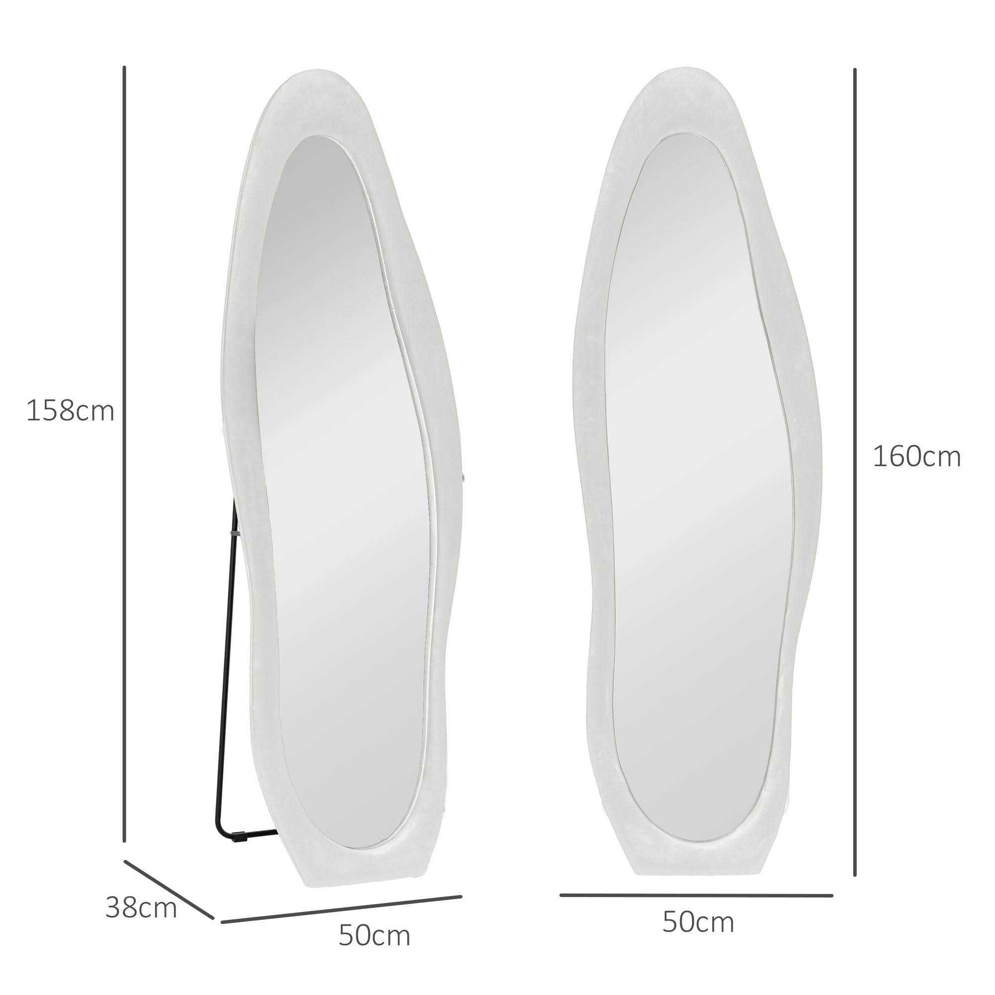 HOMCOM Miroir sur Toute la Longueur, 50 x 160 cm, avec revêtement en Velours, Miroir Mural ondulé irrégulier pour Chambre à Coucher, Salon, Blanc