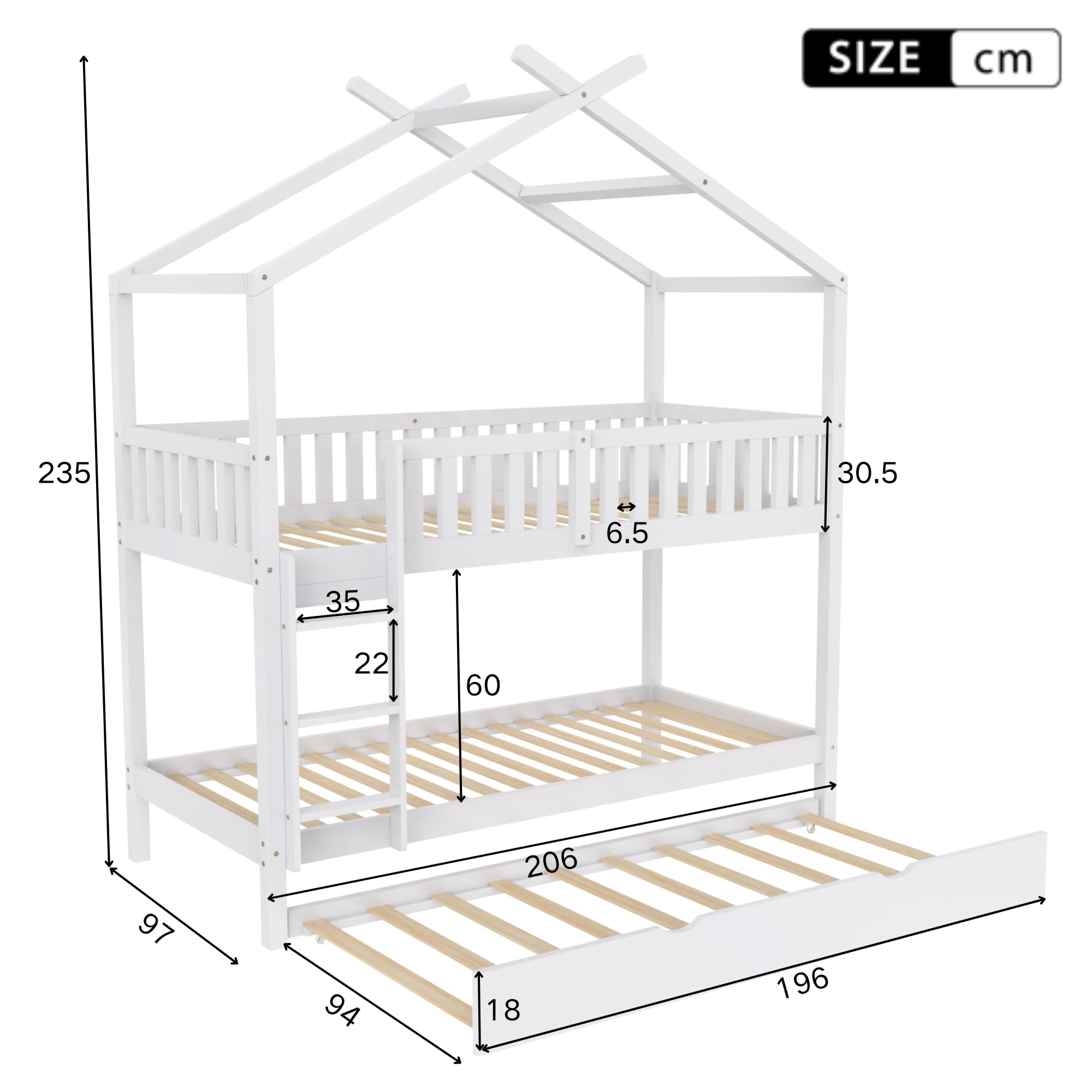 Moimhear Cama para niños House Bed 90 x 200 cm, cama juvenil, tres camas, extensible, diseño que ahorra espacio, color blanco