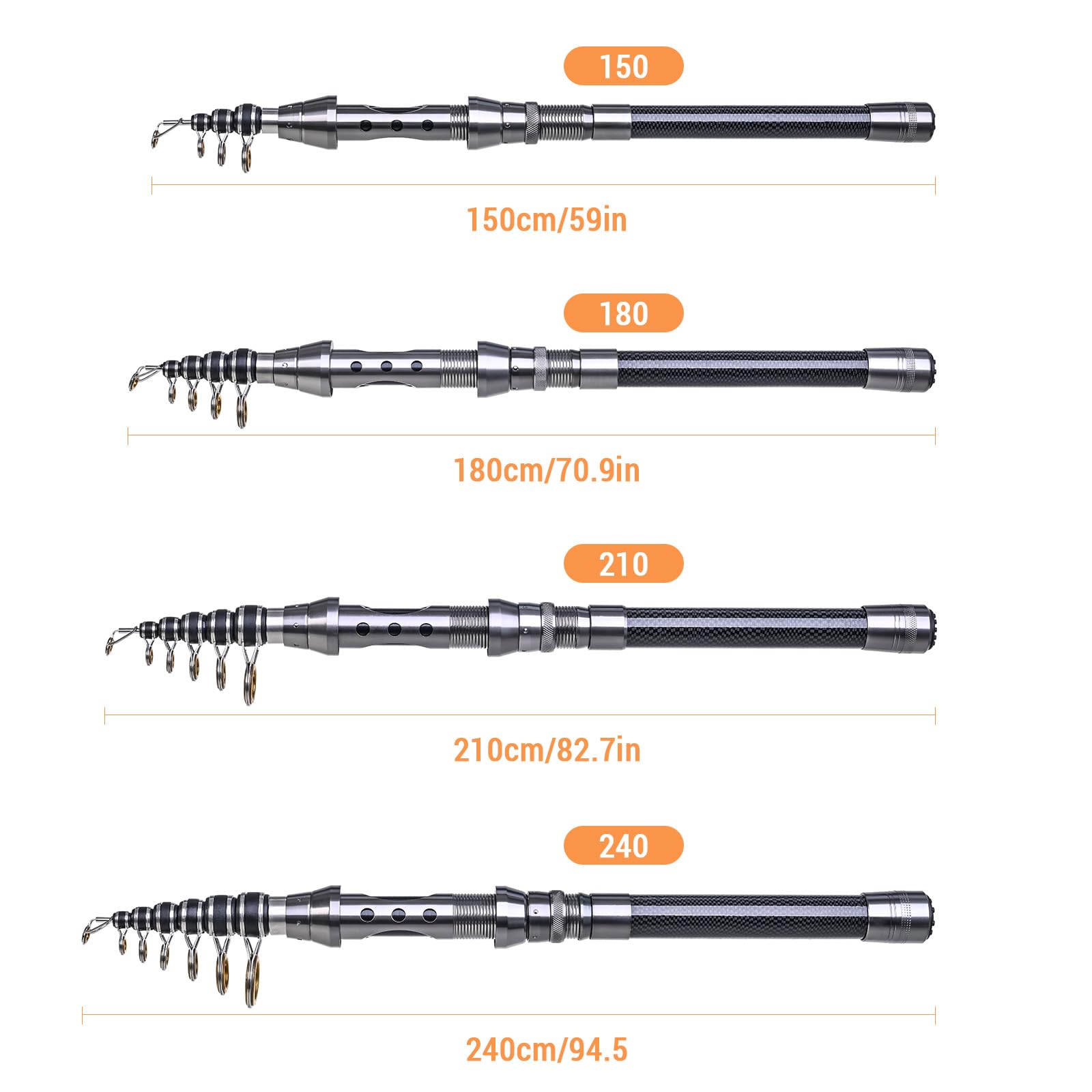 HUIOP Caña de pescar para adultos, juego de 2 cañas y carretes, caña de pescar telescópica, carretes giratorios de fibra de carbono, accesorios de pesca de 1,5/1,8/2,1/2,4 m