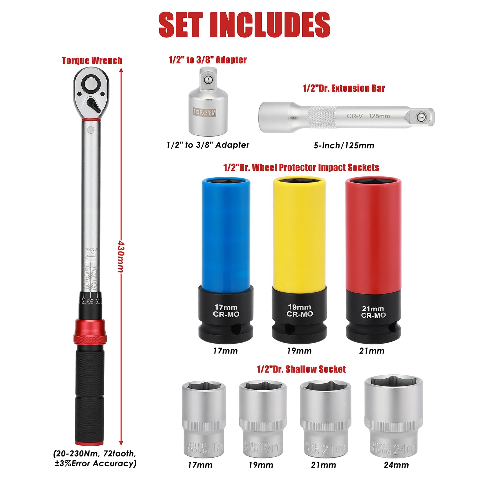 MIXPOWER 10PCS 1/2" Drive Torque Wrench Set, Car Wheel Torque Wrench 20-230Nm with Extensions, Sockets, Adapter - Image 2