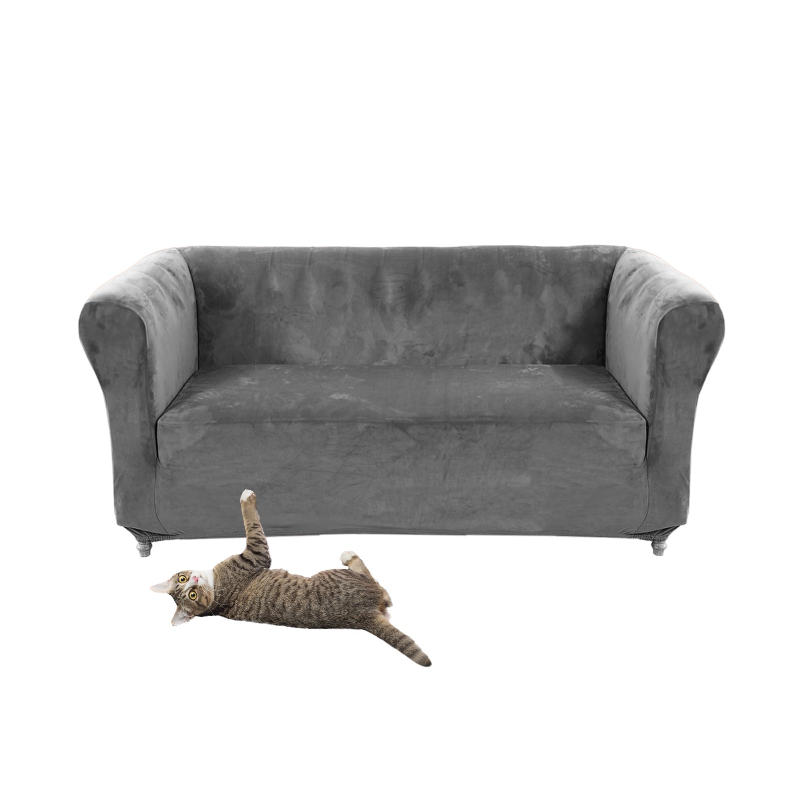 Stretch Velvet Chesterfield Sofa Cover Couch Cover with Seat Cushion Covers Curved Chaise Armchair Vintage Style (Grey Loveseat)