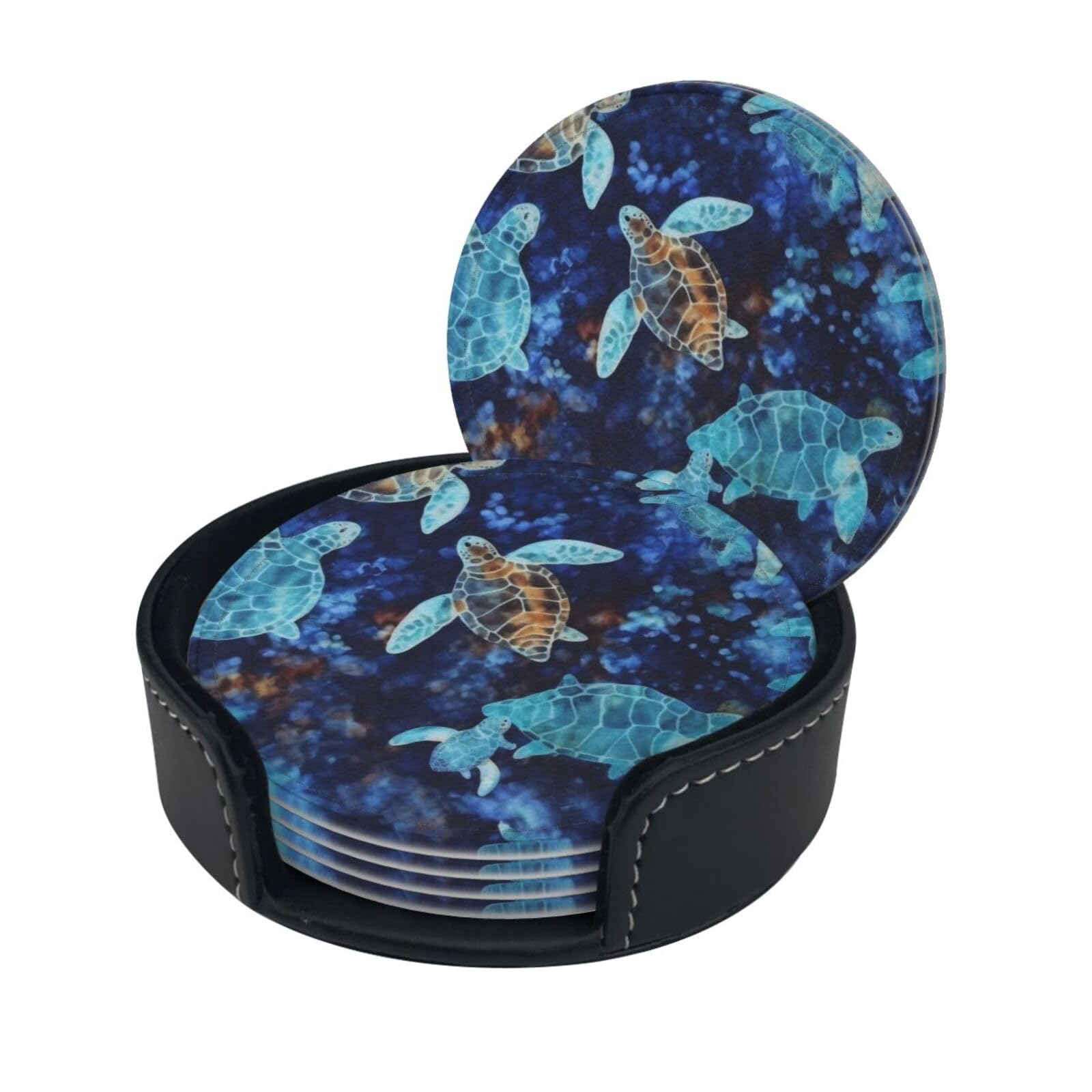 Stylish Coasters - Sea Turtle Set of 6 Round Leather Drink Coasters with Holder - Perfect Size for Cups and Glasses