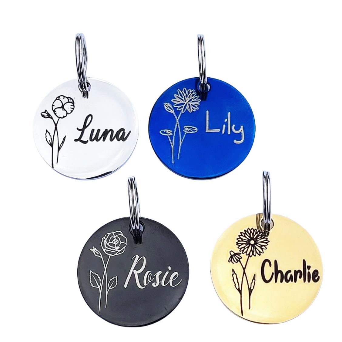 Dogs Cats ID Tags Personalized Designed Birth Month Flower Pets Collar Name Tags Custom Engraved Tags, Anti-Lost Name ID Collar Accessories Collar Charm