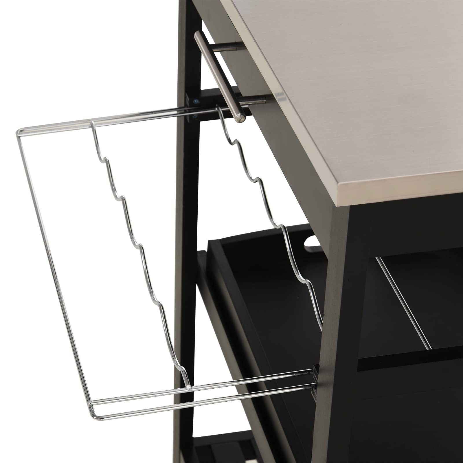 HOMCOM Chariot de Service avec Rangement Bouteille 60L x 40l x 85H cm Noir | Desserte de Cuisine, Table Roulantes, Étagère, Plateau en Acier INOX