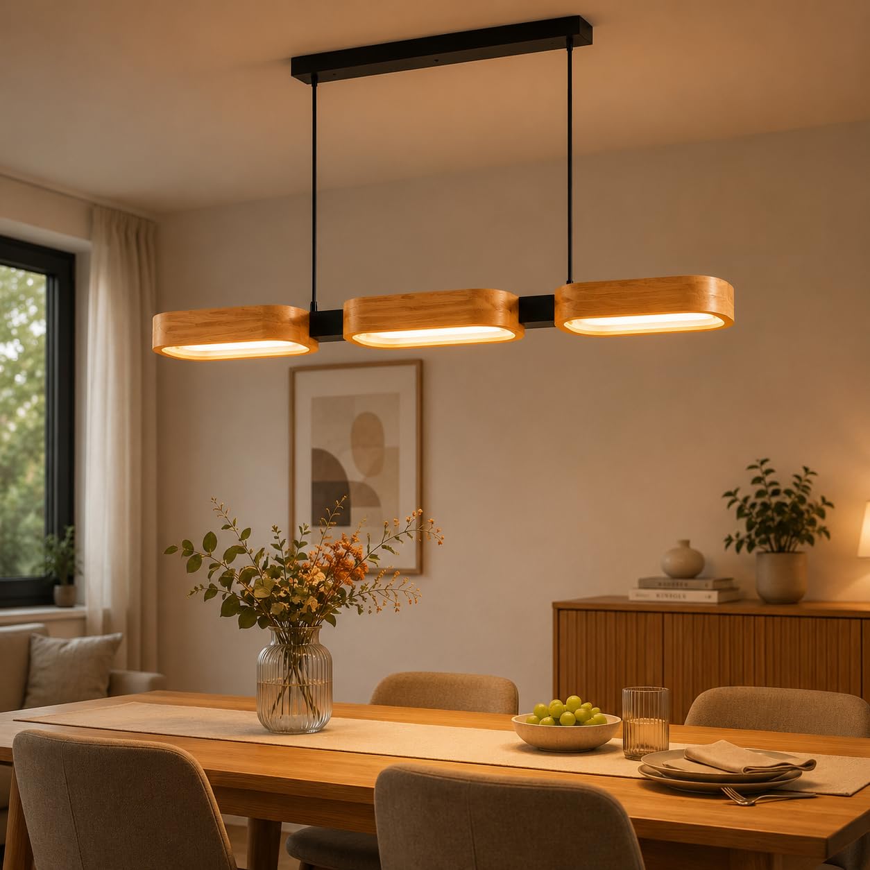 LED Pendelleuchte Holz für Esstisch, Esszimmerlampe 3-Flammig Dimmbar mit Fernbedienung, Moderne Hängeleuchte für Küche, Esszimmer & Wohnzimmer, 25W 2500lm, 3000–6500K, Timer & Memory Funktion
