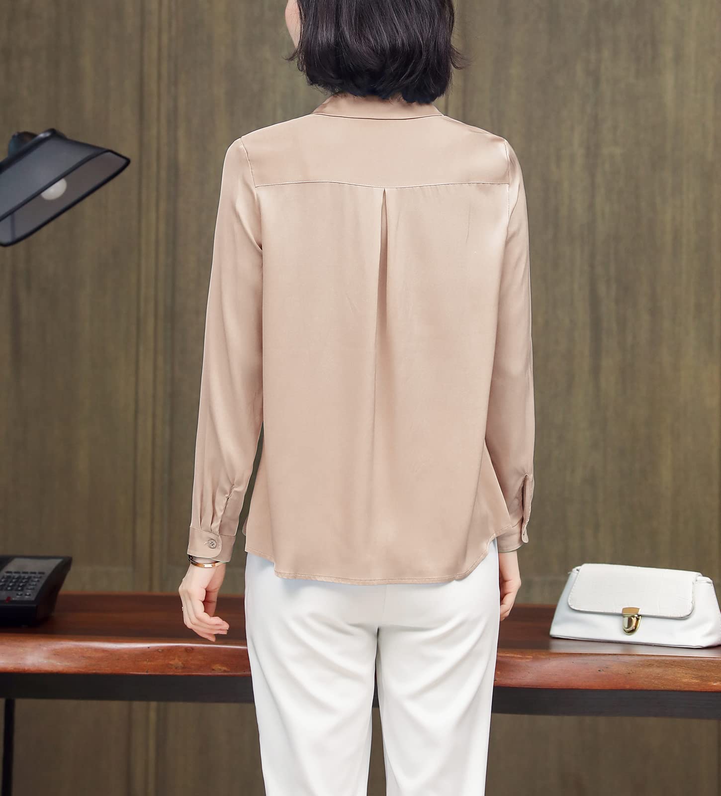 DISSA Chemise Soie Patte Cachée Col Revers Manches Longues Top