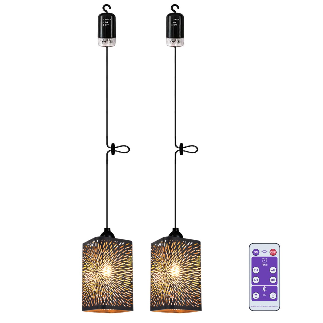 2x Hängelampe mit Batterie Dekorative Lampe Akku Hängeleuchte Deckenlampe ohne Strom Stromanschluss Feuerwerk Lampenschirm Nachtlicht Laternen Lampions für Garten Balkon Pavillon Küche