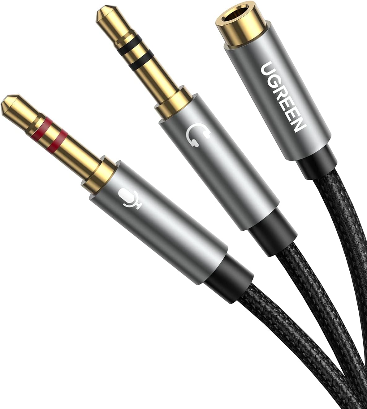 UGREEN 3.5mm 4 Pole 4 Pole (Female) to 3 Pole (Male*2) Microphone 3.5mm Conversion Cable Stereo Hi-Fi Sound Quality Reproduction Multiple Shielding High Durability Nylon Braiding 24K Gold Plated