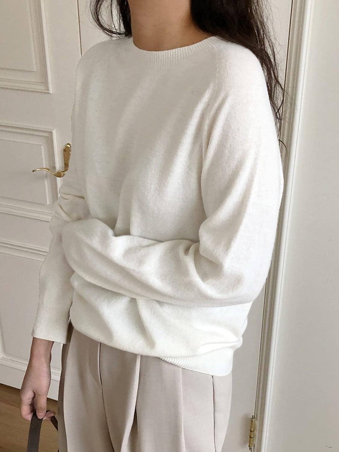 Women's Sweater Raglan Sleeve Round Neck Sweater Sweater for Women (Color : White, Size : Medium)