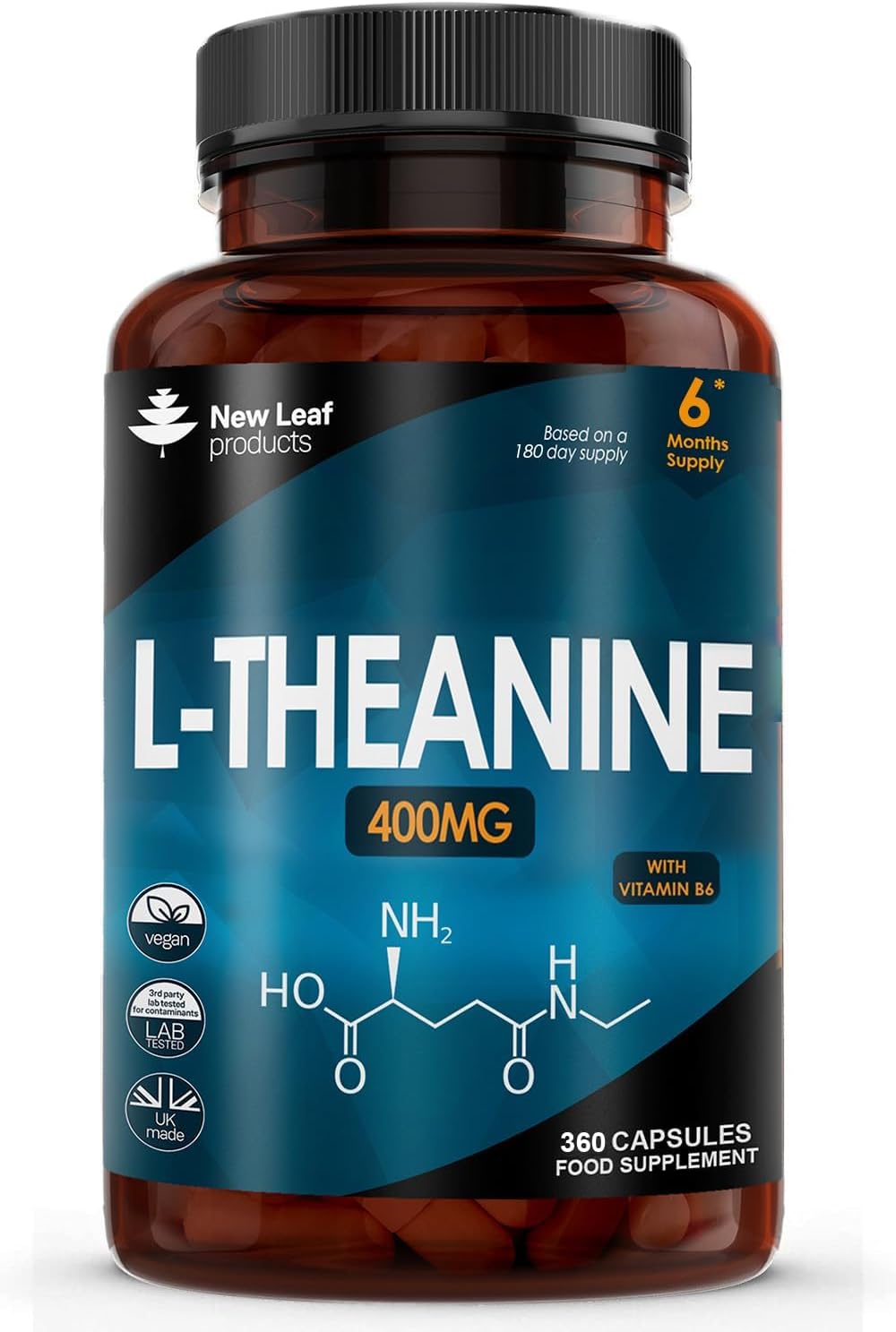 L Theanine Enriched with Vitamin B6 - High Strength L Theanine 400mg Natural Nootropics from Green Tea - 360 Vegan L-Theanine Capsules - Made in The UK Theanine Supplements By New Leaf