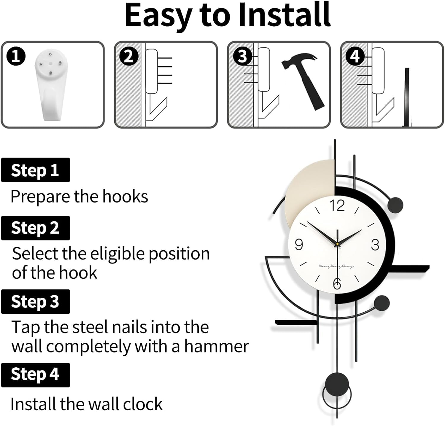 Große Moderne Wanduhr, Lautlos Dekorative Wall Clock Ohne Tickgeräusche mit Pendel, Minimalistisches Wanduhren mit Pendel, Metallrahmen, für Wohnzimmer Flur Schlafzimmer Büro Küche, 70 * 38cm