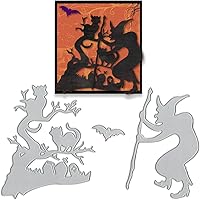 Vista 1 de Threetols Troqueles de corte de bruja de Halloween, plantillas de troqueles de gato murciélago para árbol de metal para hacer tarjetas