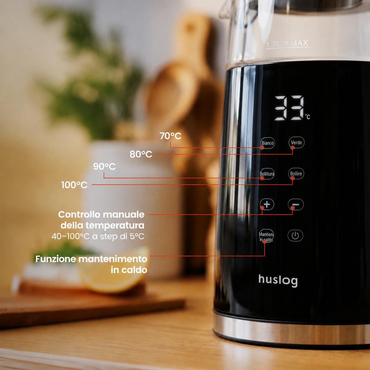 Bollitore Elettrico 1,7 L con Schermo Touch, 2200 W, Acciaio Inox & Vetro, Temperatura Regolabile 40–100 °C, 4 Livelli, Mantenimento Caldo, Filtro Anticalcare, Base Girevole 360°, Nero