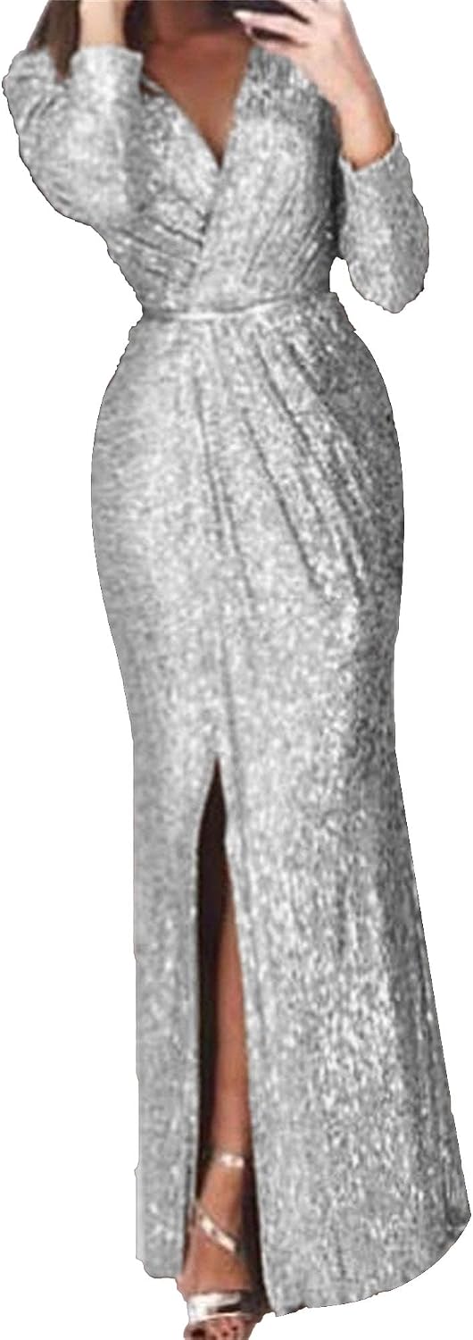 Generic Women'S Sequin Sparkly Party Dress Long Sleeve Maxi Evening Dresses Prom Gowns Cocktail Bodycon Glitter Club Dresses