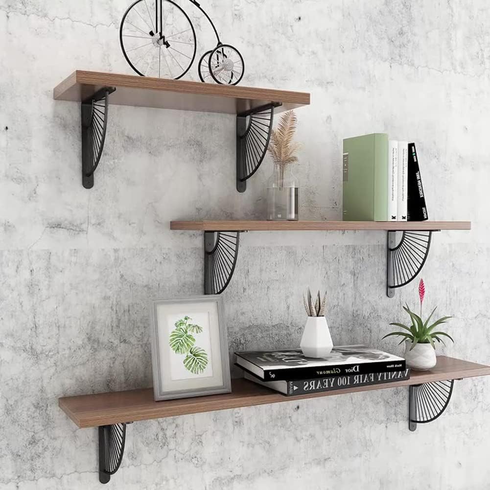 luzen 2Pcs Fan Shaped Metal Shelf Brackets Wall Mounting Modern Decorative Shelving Bracket Floating Shelves Bracket Shelf Support Bracket with Screws Hardware for Home Office, Black