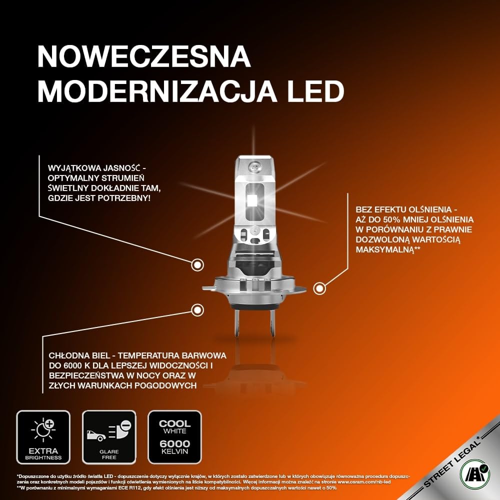OSRAM NIGHT BREAKER LED SPEED H7 450 do motocykli, lampa LED do motocykli z homologacją drogową, do 450% większa jasność, 6000K, szybki montaż, nie wymaga akcesoriów mechanicznych, 1 lampa
