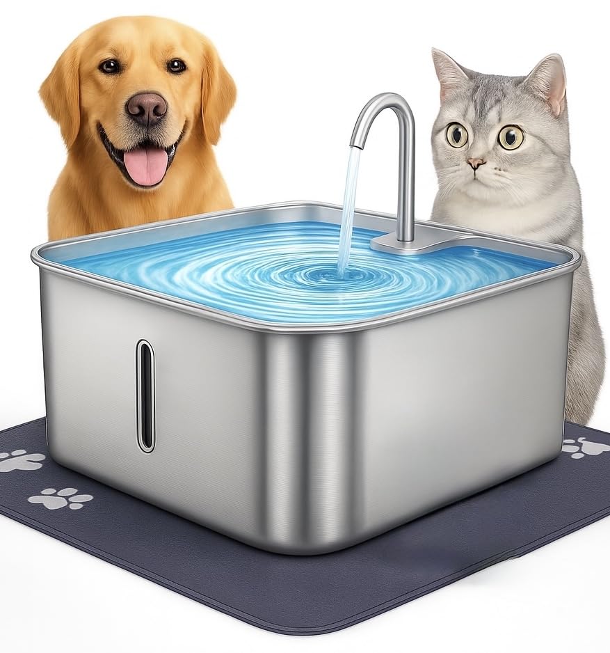 RMH 7L Stainless Steel Dog & Cat Water Fountain with Large Waterproof Mat – Automatic Pet Drinking Fountain for Large Dogs & Multi-Pet Homes, Quiet Pump, 3-Stage Filtration, LED Water Window