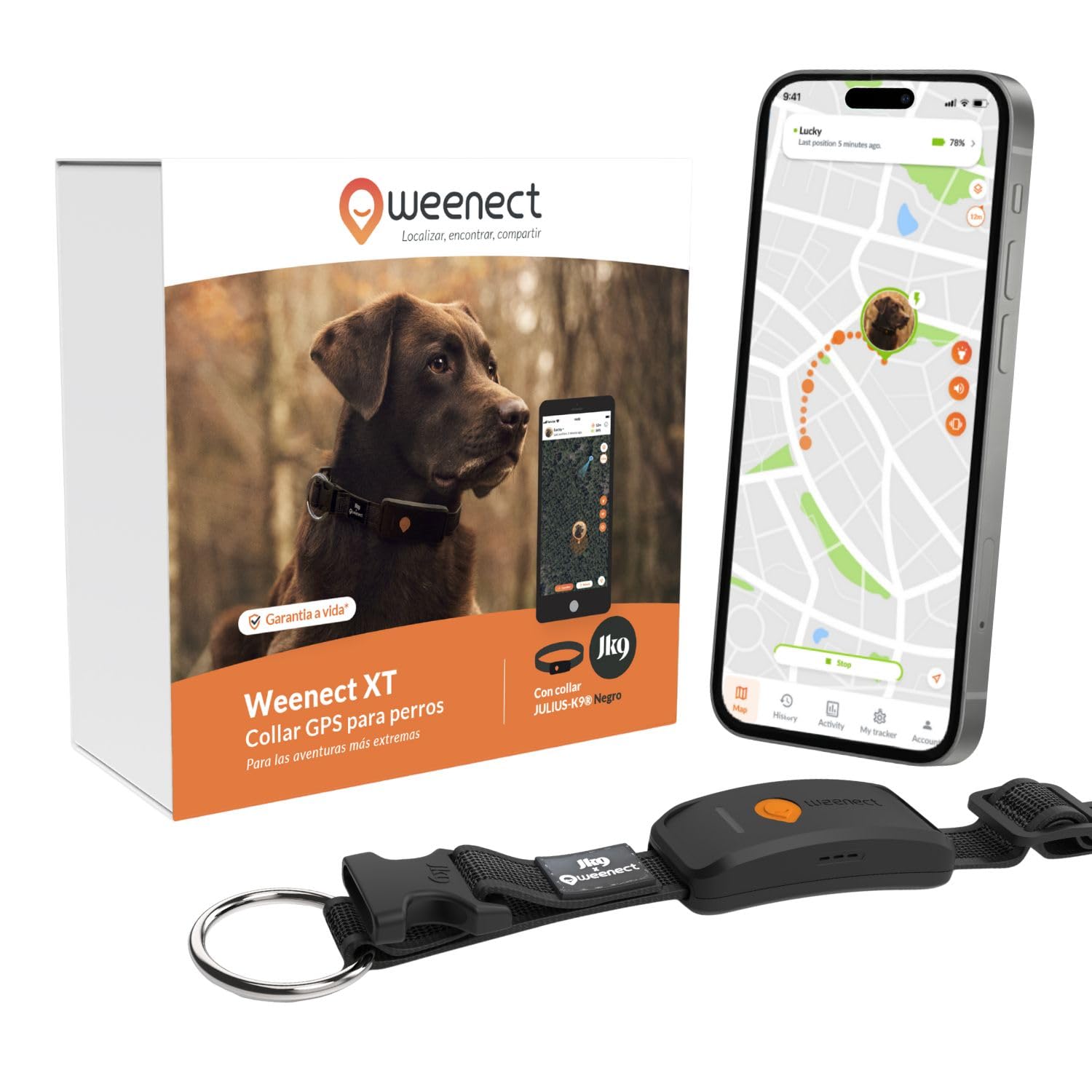 Weenect Dog XT - Nuevo Collar GPS para Perros | Antena XL | Impermeable | Collar Negro Ultra-Resistente Integrado Julius-K9 | Garantía de por Vida | Suscripción requerida