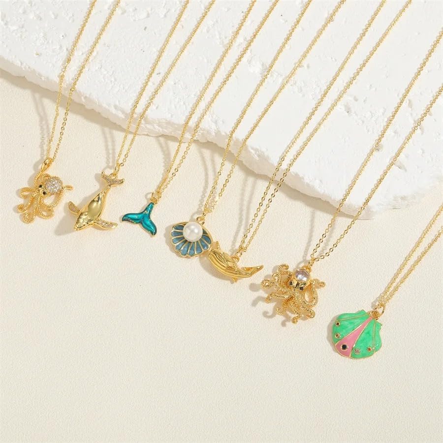 LUSSO 14k Yellow Gold Ocean Series Scallop Fish Octopus Necklace For Women, Marine Biology Collarbone Octopus Pendant Necklace - Cute Fun Octopus Jewelry, Sea Animal Necklace Summer - Image 4