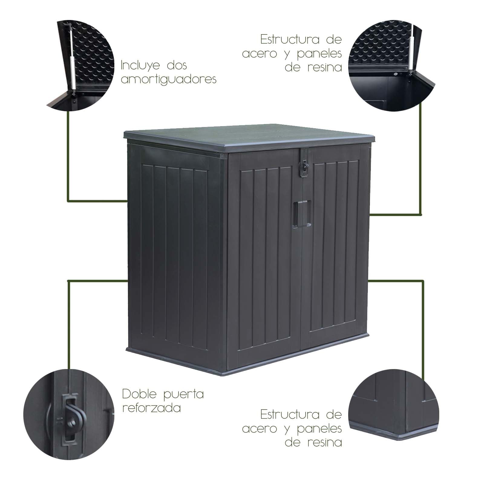 Gardiun Arcón Exterior para Jardín Soften 775 litros 116x71x109/112,5 cm Baúl de Resina con Amortiguador, Suelo y Puertas
