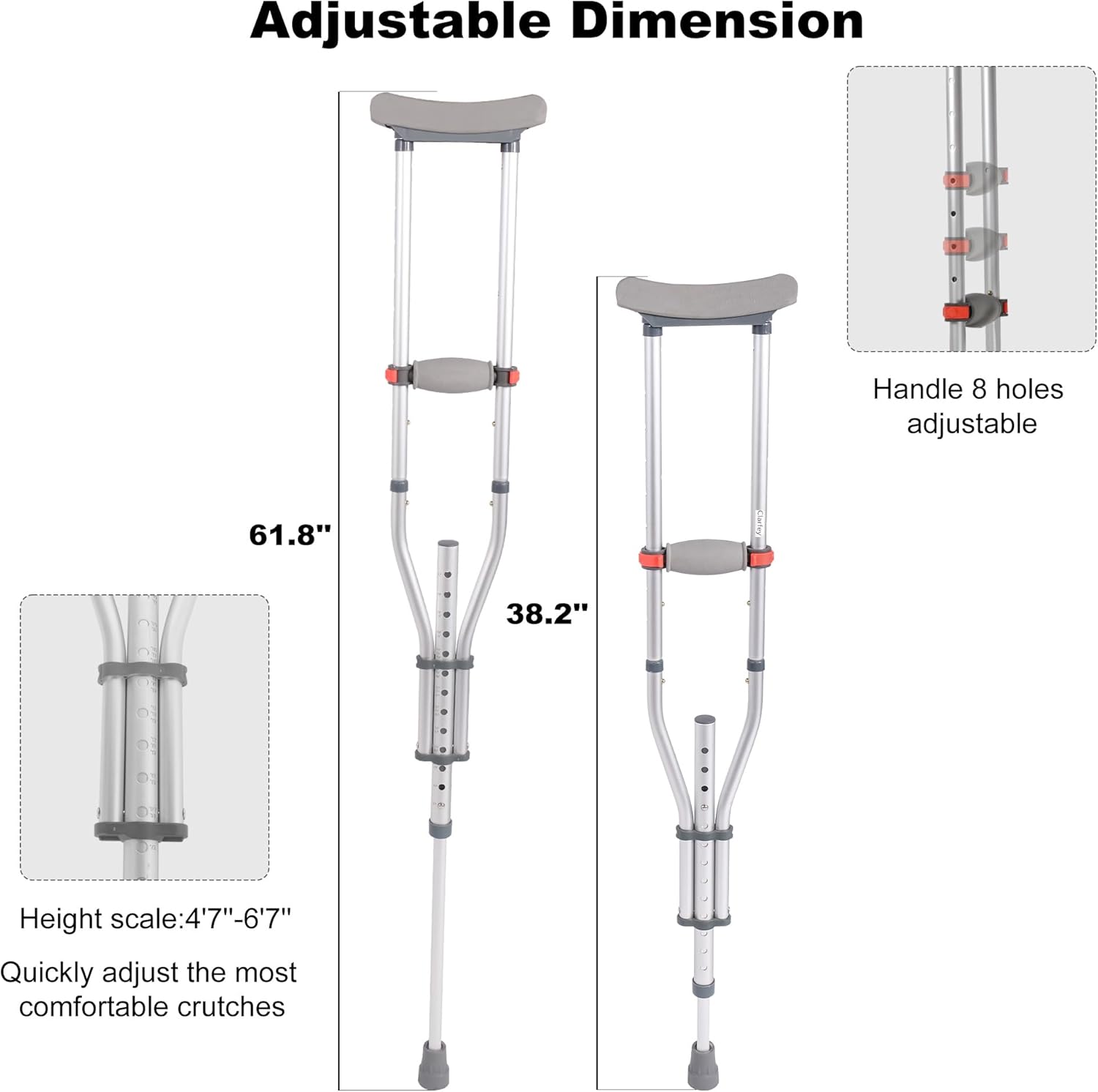 Folding Aluminum Under Arm Crutches, Pair of Lightweight Crutches for Adults and Teenager 4'7" to 6'7", Walking Aid for Reliable Balance with Underarm Pads, 300 lb. Weight Capacity