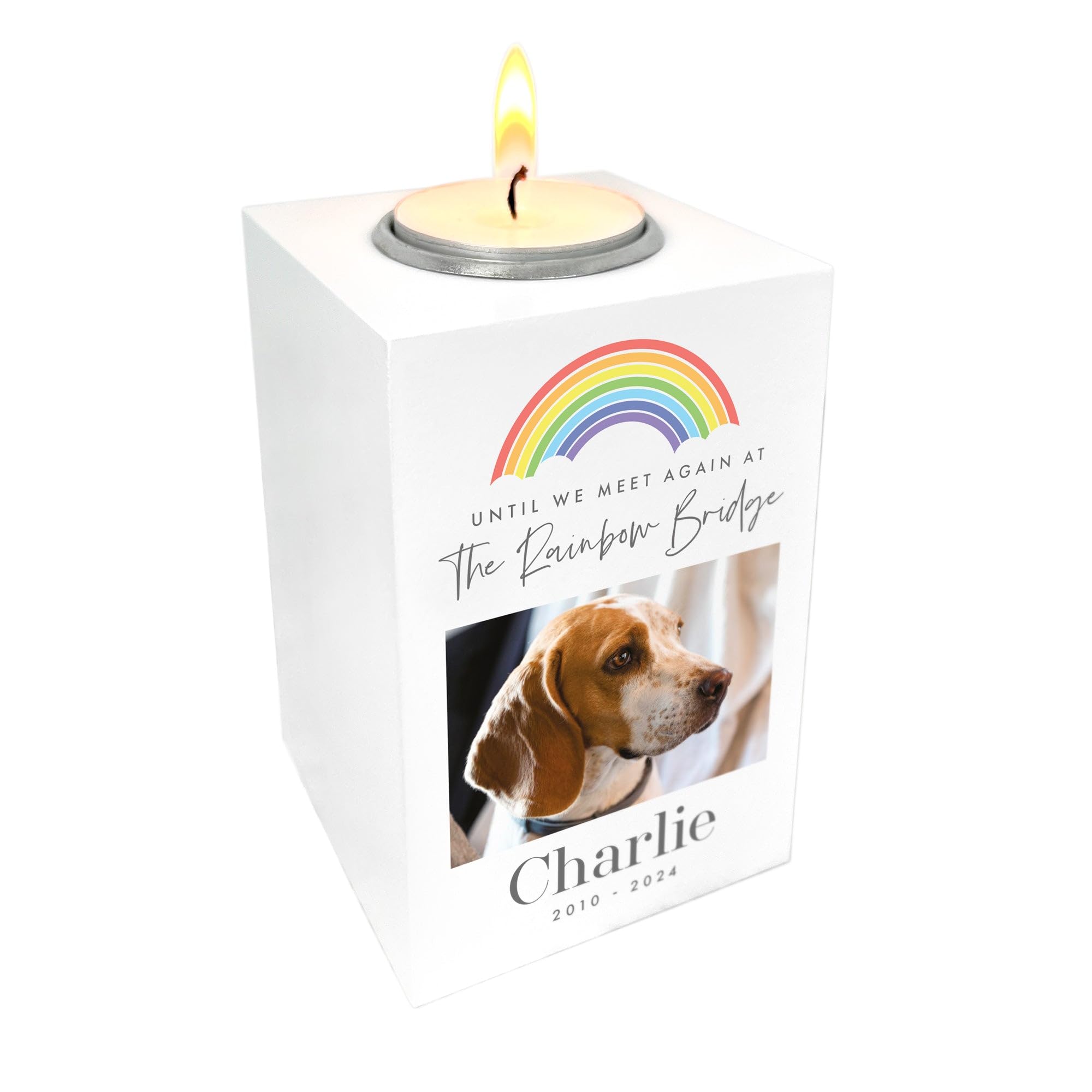 The Lovely Keepsake Company White, Rainbow Personalised "Until We Meet Again" Pet Photo Memorial White Tea Light Holder - Custom Photo & Message | Sympathy Gift For Pet Loss | W7cm X D7cm X H10cm