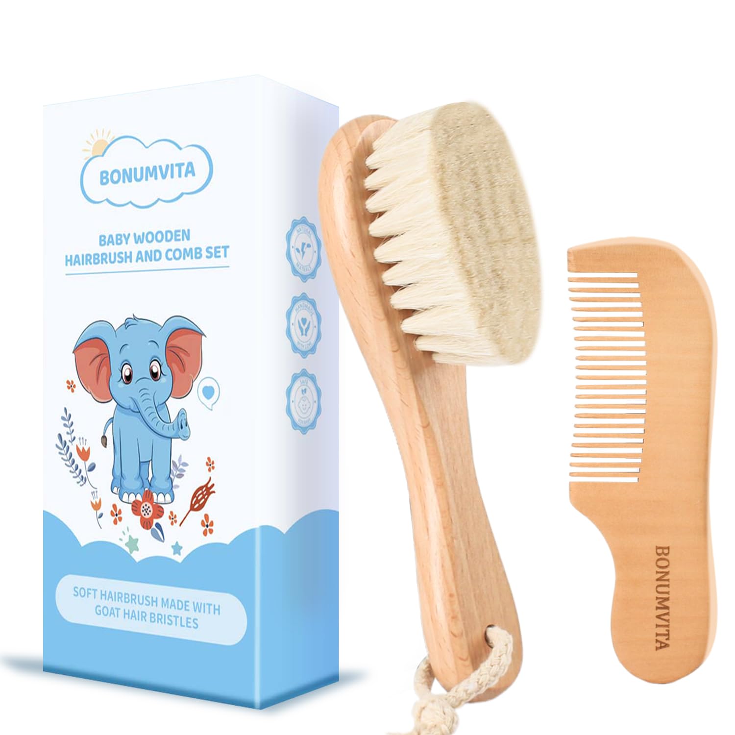 Juego de cepillo y peine para bebé BONUMVITA, cepillo de madera con cerdas suaves de cabra y peine de madera para recién nacidos, ideal para la costra láctea.
