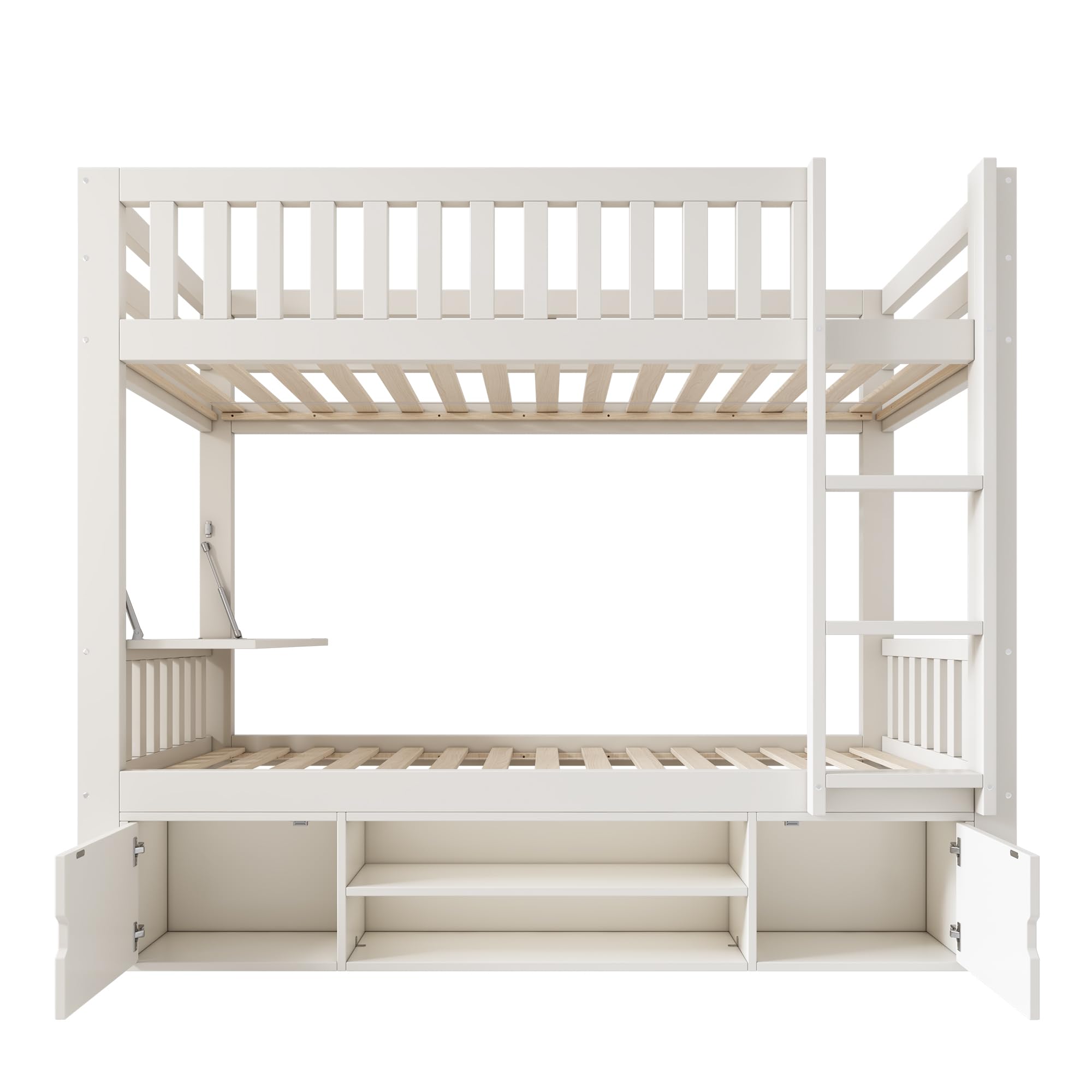 MURUL Cama alta para niños, 90 x 200 cm, color blanco, con tablero plegable, zapatero integrado y somier, certificado EN 747, solución todo en uno para ahorrar espacio, sin colchón