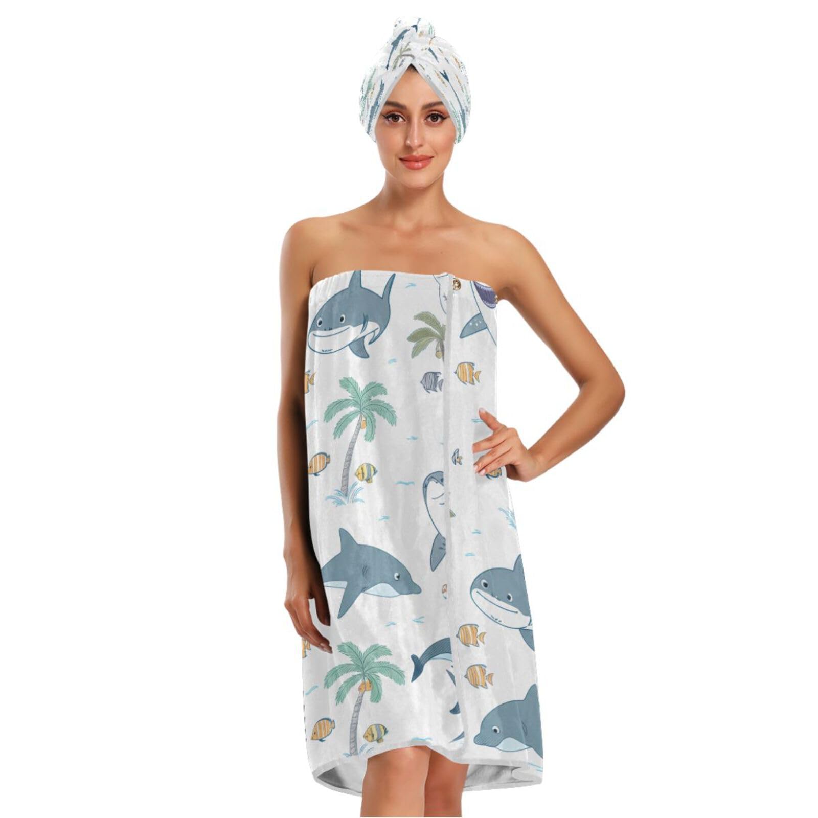 Bulletgxll Playful Animals Women's Shower Wrap Towel Set of 3 Adjustable Spa Body Wrap Super Absorbent Bathrobe with Hair Towel & Headband