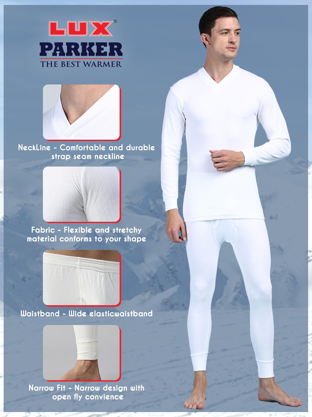 Lux Parker Men's White V Neck Cotton Thermal Set (Size : 90cm) - Image 2 thumbnail