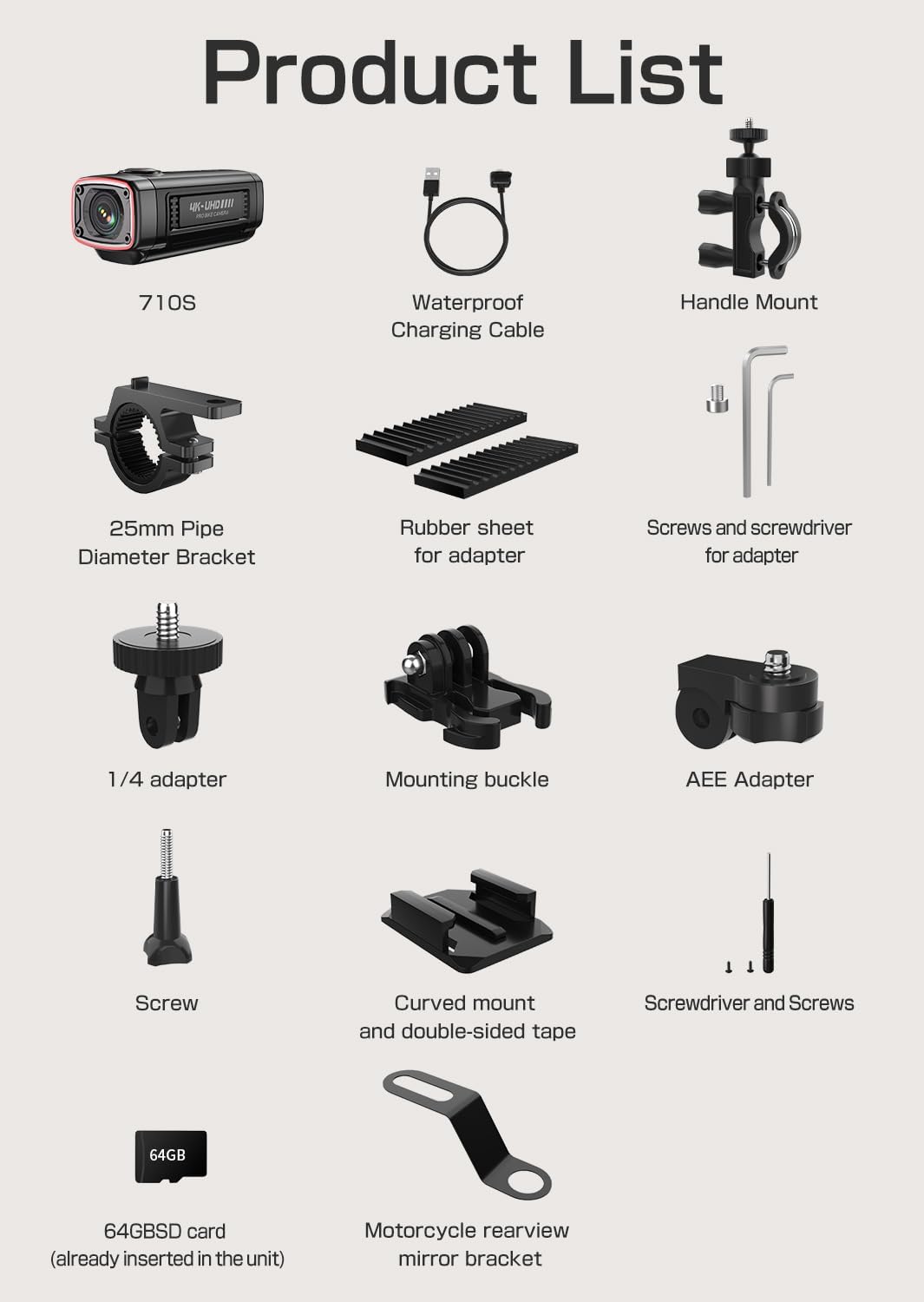AKEEYO AKY-710S Motorcycle Camera 4K 28fps, 2K 55fps, Wide-Angle 142°, IP67, 5MP, Loop & Emergency Recording, Parking Monitor, Motorcycle Bike,Outdoor Sports, Rechargeable, 64GB Card Included