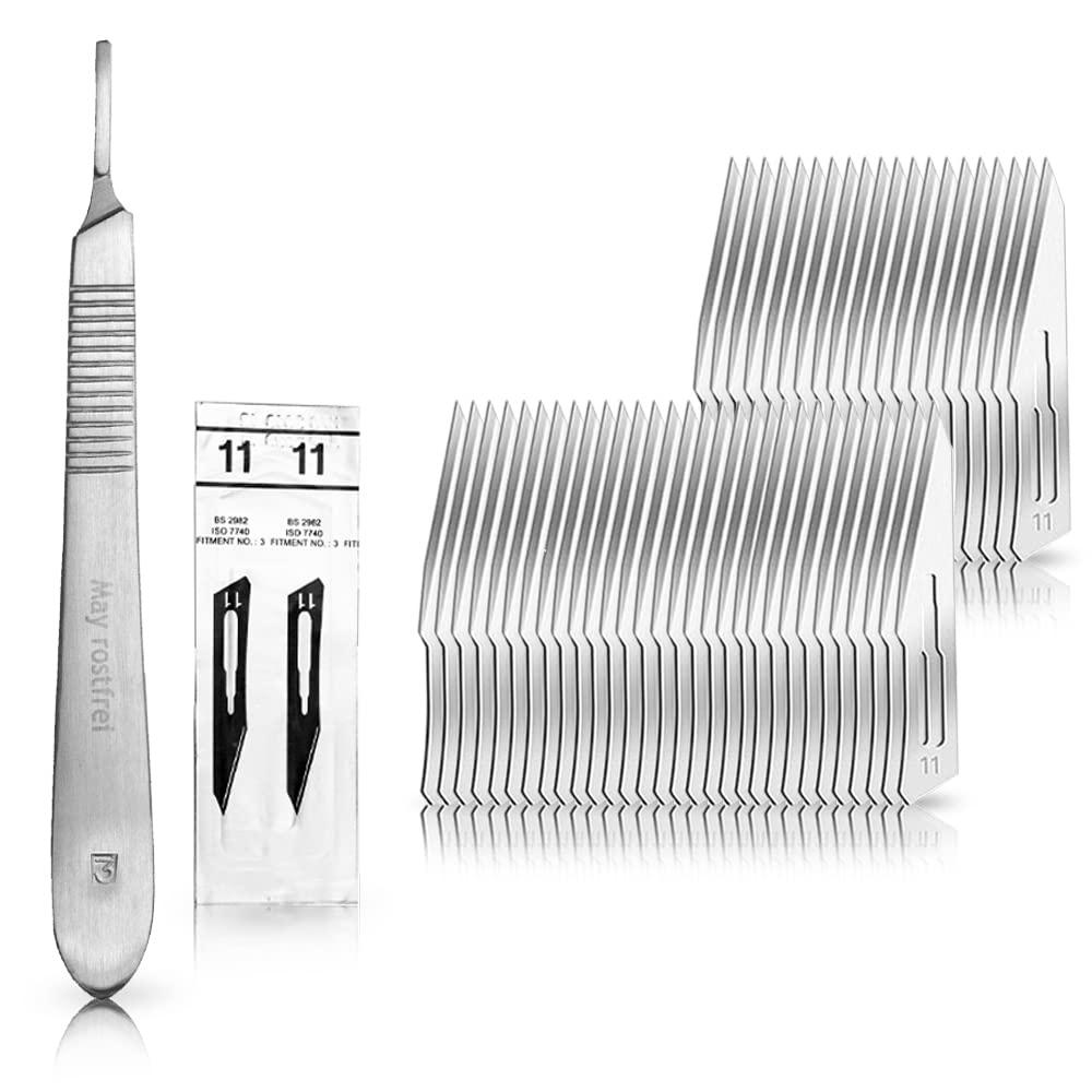 Set - 50 piezas hojas de bisturí No. 11 y mango de bisturí No. 3 - Hojas de repuesto para bisturí hechas de acero al carbono - Estéril
