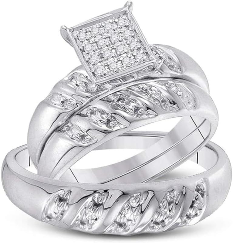 14K White Gold Over Round Cut White Diamond Princess Shape 925 Sterling Silver Wedding Bridal Trio Ring Set for His & Her