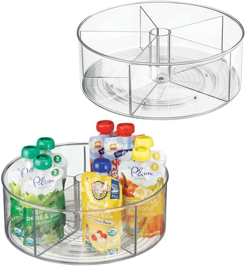 mDesign Divided Lazy Susan Turntable Storage Container for Kitchen Cabinet, Pantry, Refrigerator, Countertop Food Safe - Spinning Organizer for Kids/Toddler's Food Pouches - 5 Sections, 2 Pack - Clear