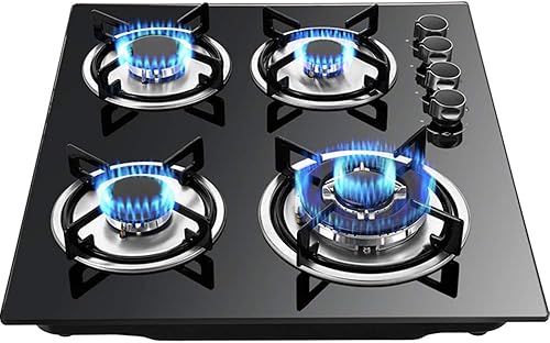 Placa de cocina de gas de 23 pulgadas, estufa de gas GLPG integrada, estufa de gas de 4 quemadores, moderna cocina de gas, vidrio templado y acero