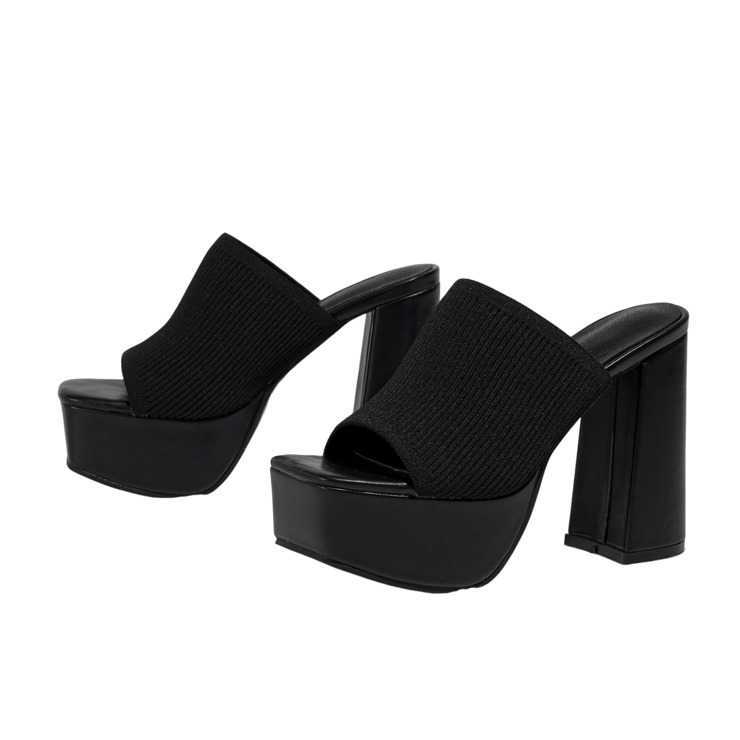 Womens Knitted Platform Chunky Heels Sandals Square Open Toe Slip On Mules Shoes Stretch Knitted Sexy Party Heels Mules