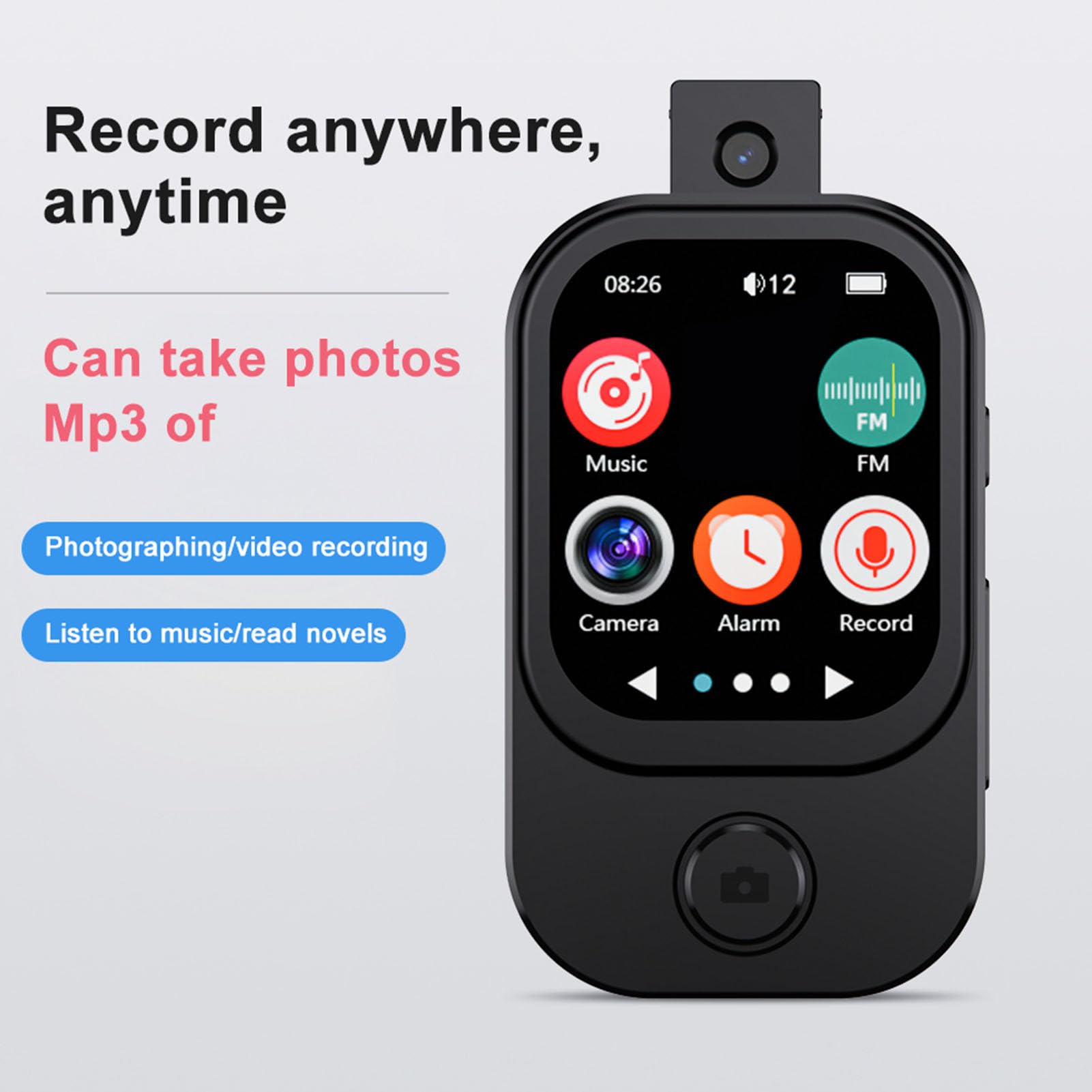 Odtwarzacz MP3 Bluetooth z kamerą, 2,01-calowy ekran dotykowy 720P HD Odtwarzacz muzyki wideo z głośnikiem, książką elektroniczną, budzikiem, radiem FM i stoperem (czarny) (128G Mała karta