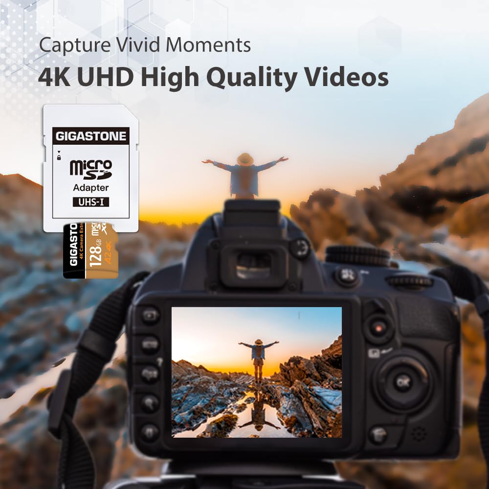 GIGASTONE Carte Micro SD 128 Go 4K Camera Extreme, Carte mémoire microSDXC pour Switch, GoPro, Action Camera, DJI, R/W jusqu'à 100/50 Mo/s, UHS-I U3 A2 V30 C10, avec Adaptateur