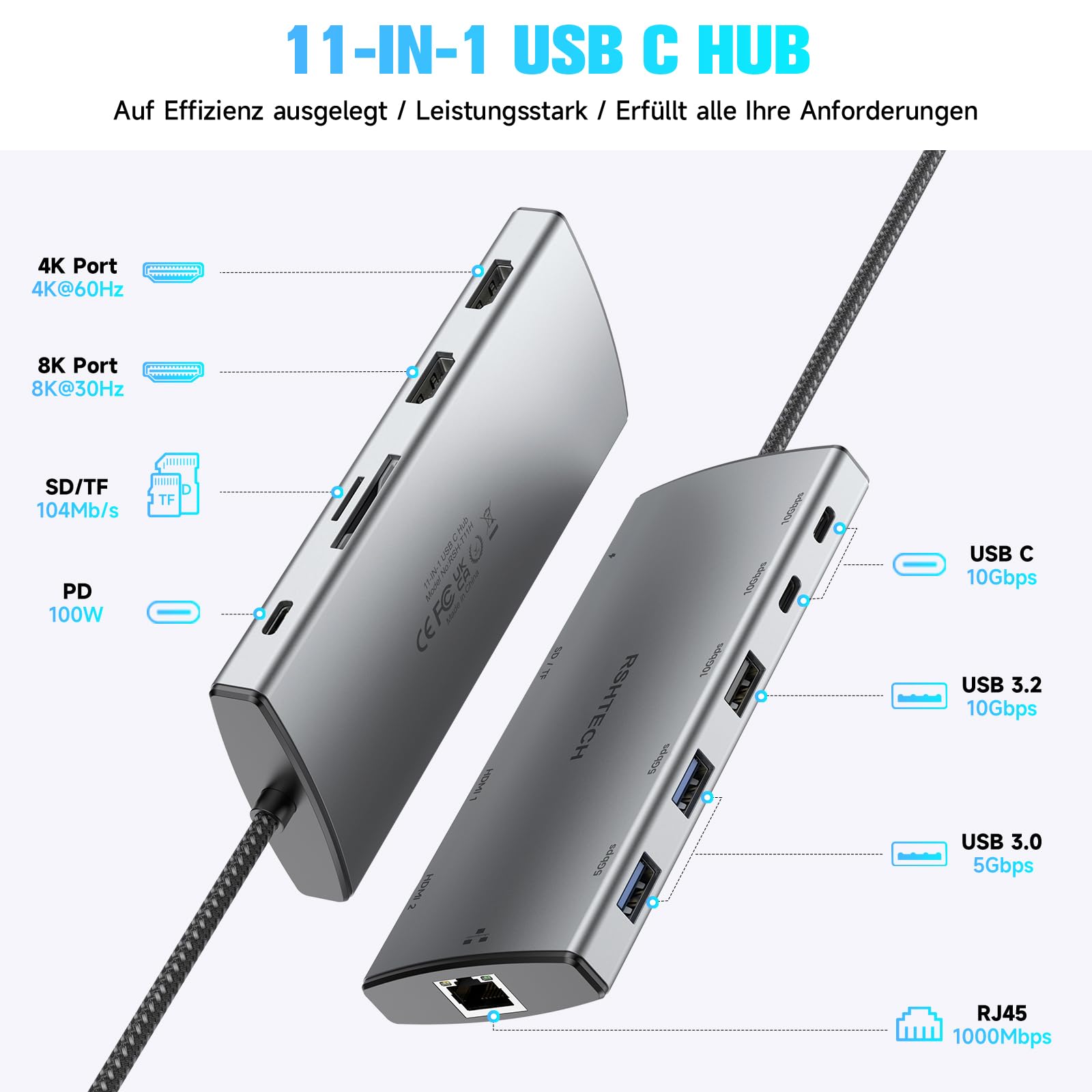 RSHTECH 11 in 1 MacBook Laptop Dockingstation mit 2 HDMI (8K und 4K), USB 3.2 und 3.0, 100W PD, SD/TF, Gigabit Ethernet - USB C Docking Station 2 Monitore - Geeignet für Windows, Linux und Mas OS