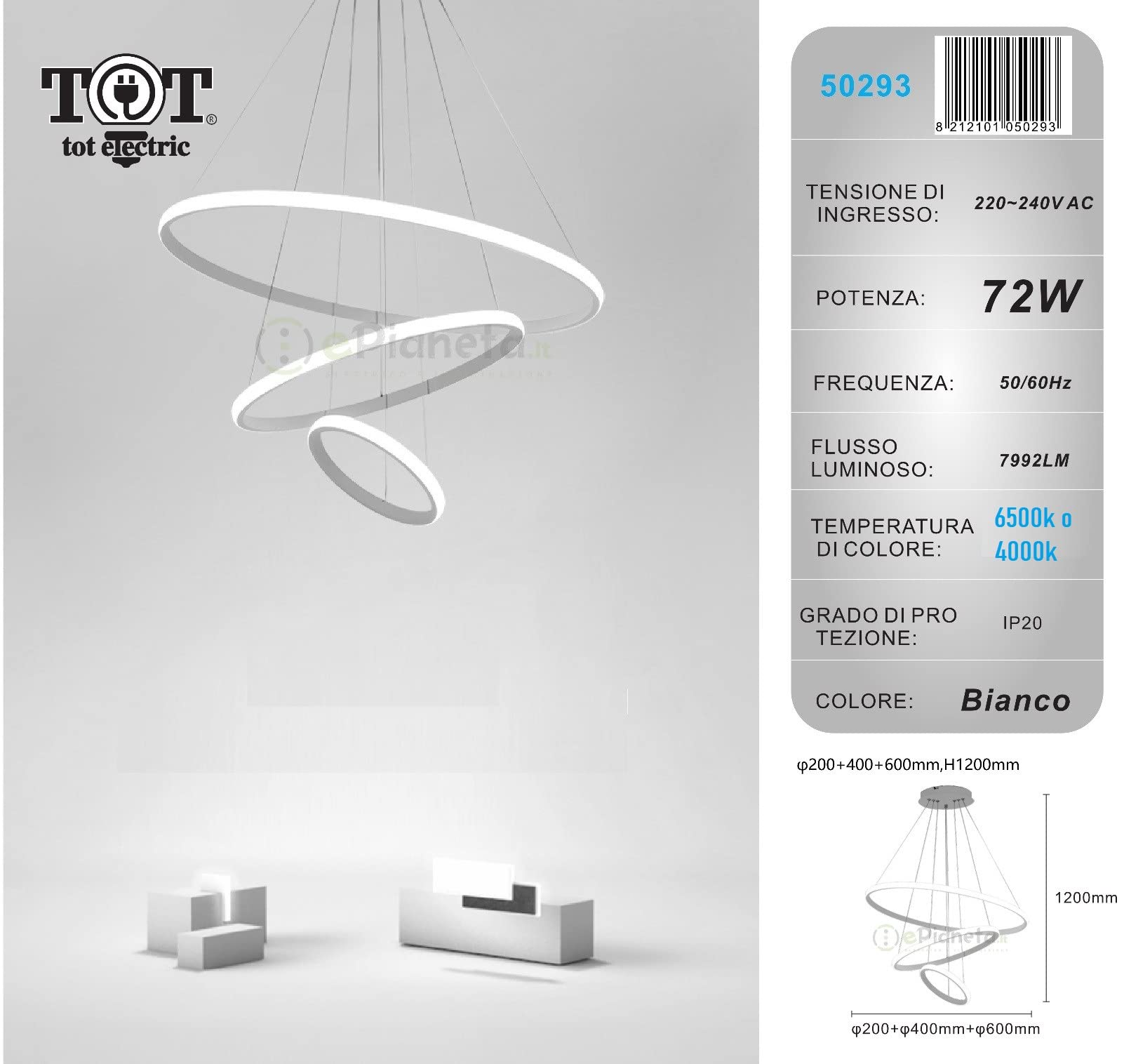 TOT ELECTRIC Lampadario sospeso led 72w 3 cerchi pendente cerchio rotondo con anelli bianco design moderno per camera salotto (Luce Naturale 4000K)