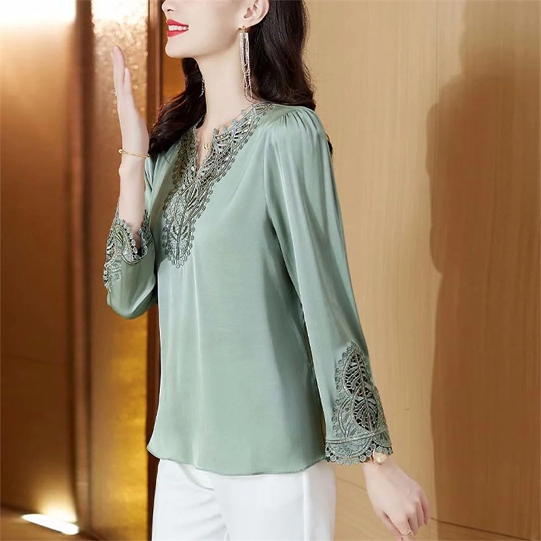 Blusas de seda para mujer, de manga larga, bordadas, elegantes, para oficina, diseño retro