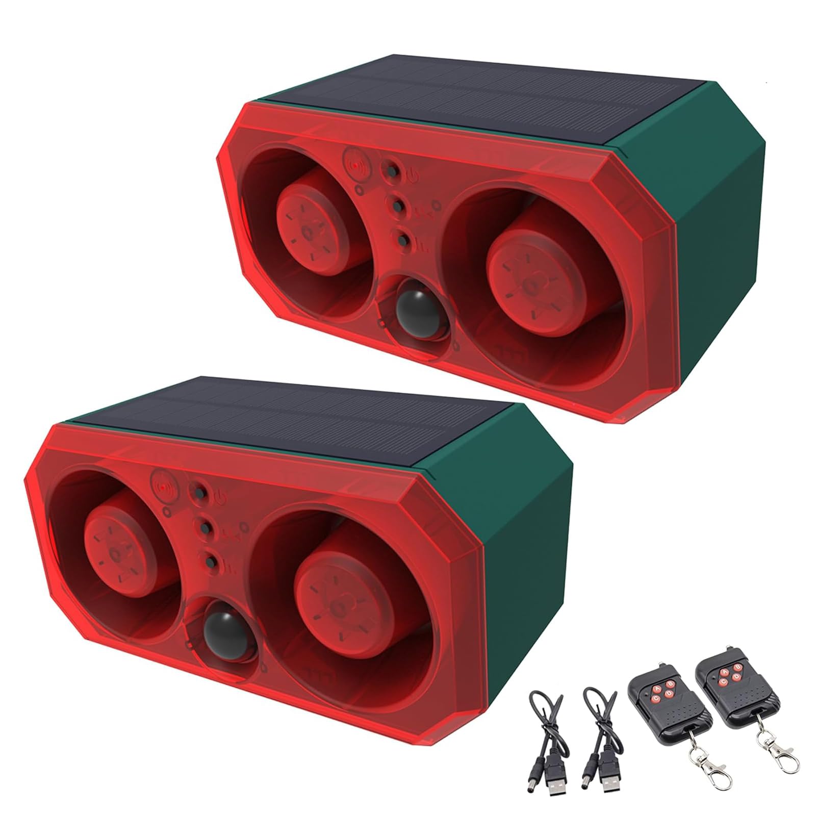 Alarma Solar con Sensor de Movimiento para Exteriores, 2Pz Sensor de Movimiento con Sonido de ladrido de Perro Estroboscópica Alarma Perimetral Exterior con Control Remoto Seguridad para Granjas