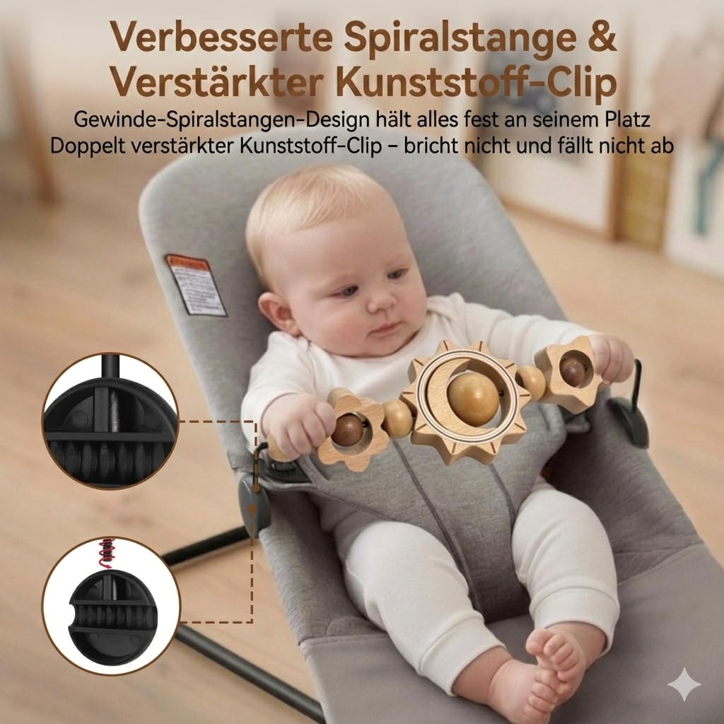 Spielzeug für Babywippe, kompatibel mit Baby Björn Bouncer Balance Soft & Bliss, drehbare Holzspielzeugstange, sensorisches Spielzeug für Babys jeden Alters (Sonne und Mond)