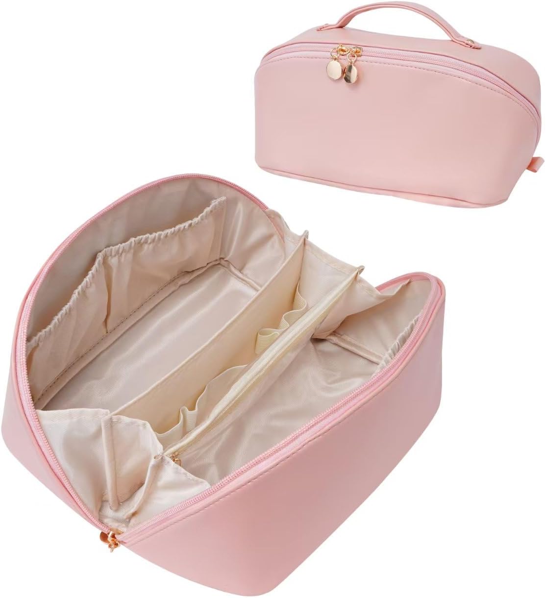 Large Capacity Cosmetic Bag for Women, Waterproof PU Leather Makeup Bag for Travel,Toiletry Bag Make up Organizer with Divider and Handle (Pink)