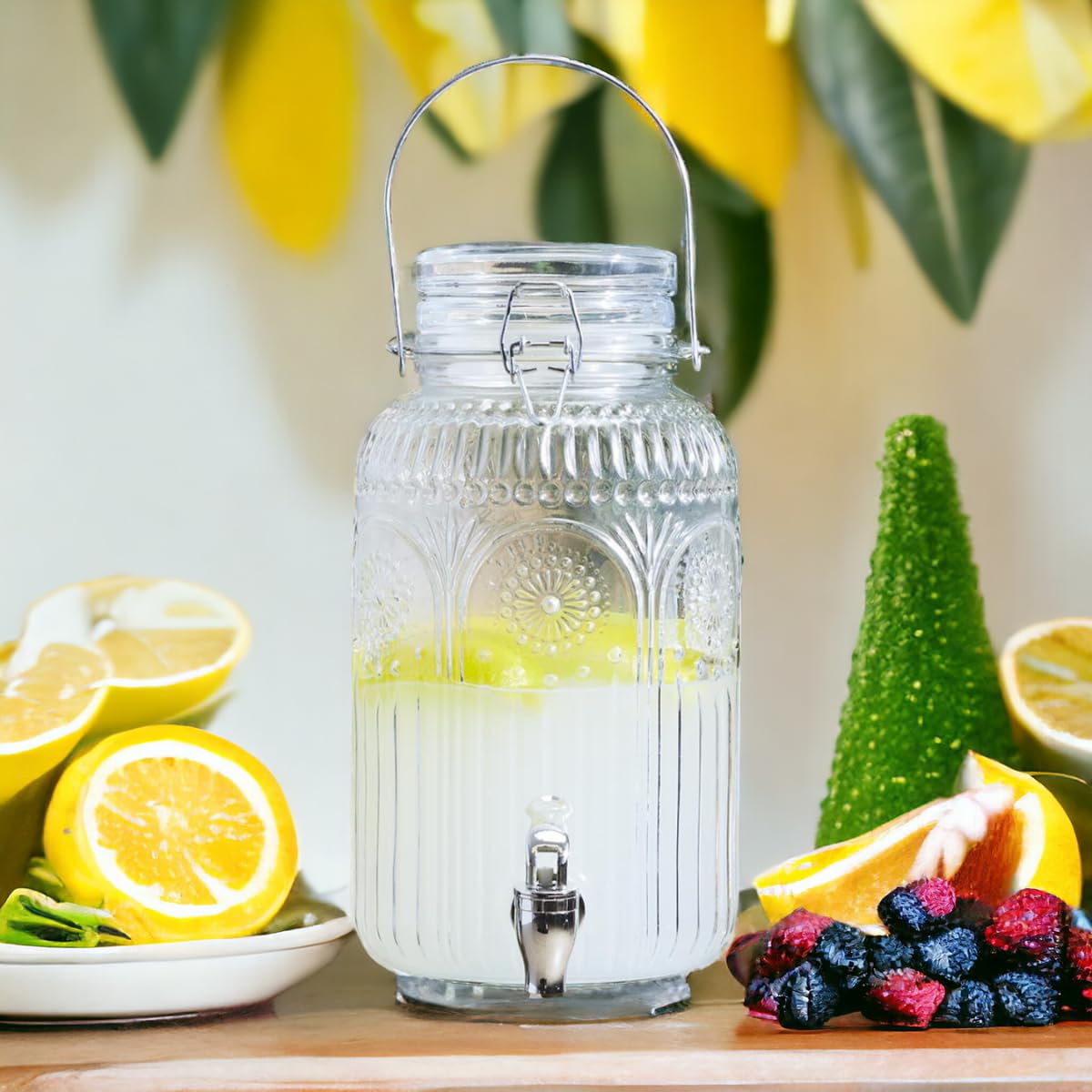Distributeur Boisson avec Robinet 4 L - Fontaine à Eau et Cocktail en Verre - Jarre pour Fêtes et Anniversaires