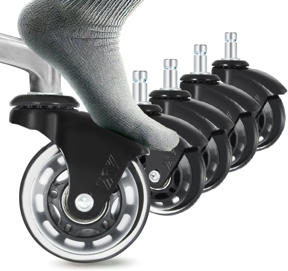 AXL Office Chair Caster Wheels Replacement - Silent Inline Skate Style Chair Casters (Set of 5), Safe for Hardwood Floors & Carpet, Universal Fit (Black/Clear)
