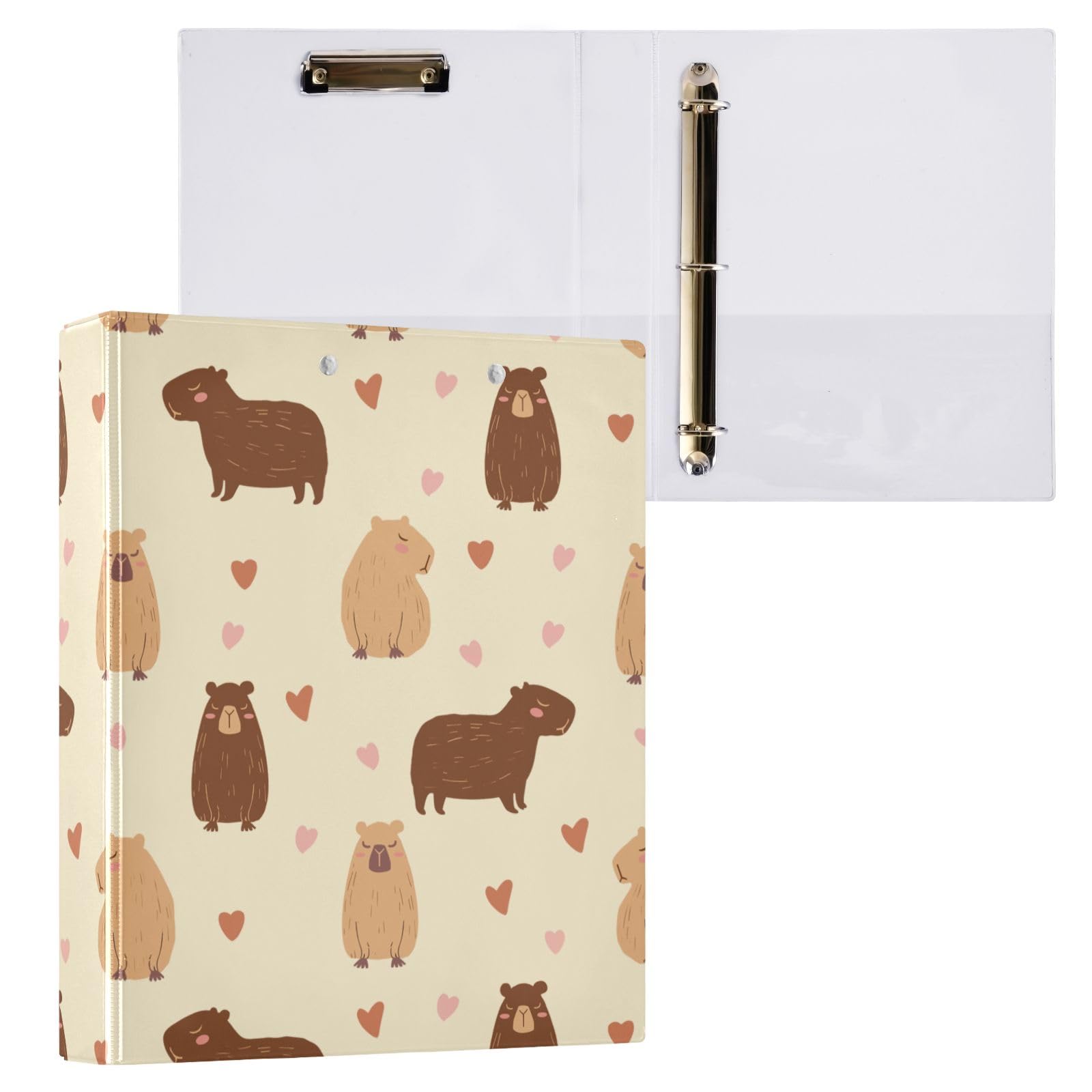 Carino Capibara Disegno Giallo 3 Anelli Raccoglitore, 1,5 Pollici Rotondo Raccoglitore Contiene 200 Fogli Con 3 Tasche Trasparenti In PVC Interni Per Scuola Ufficio