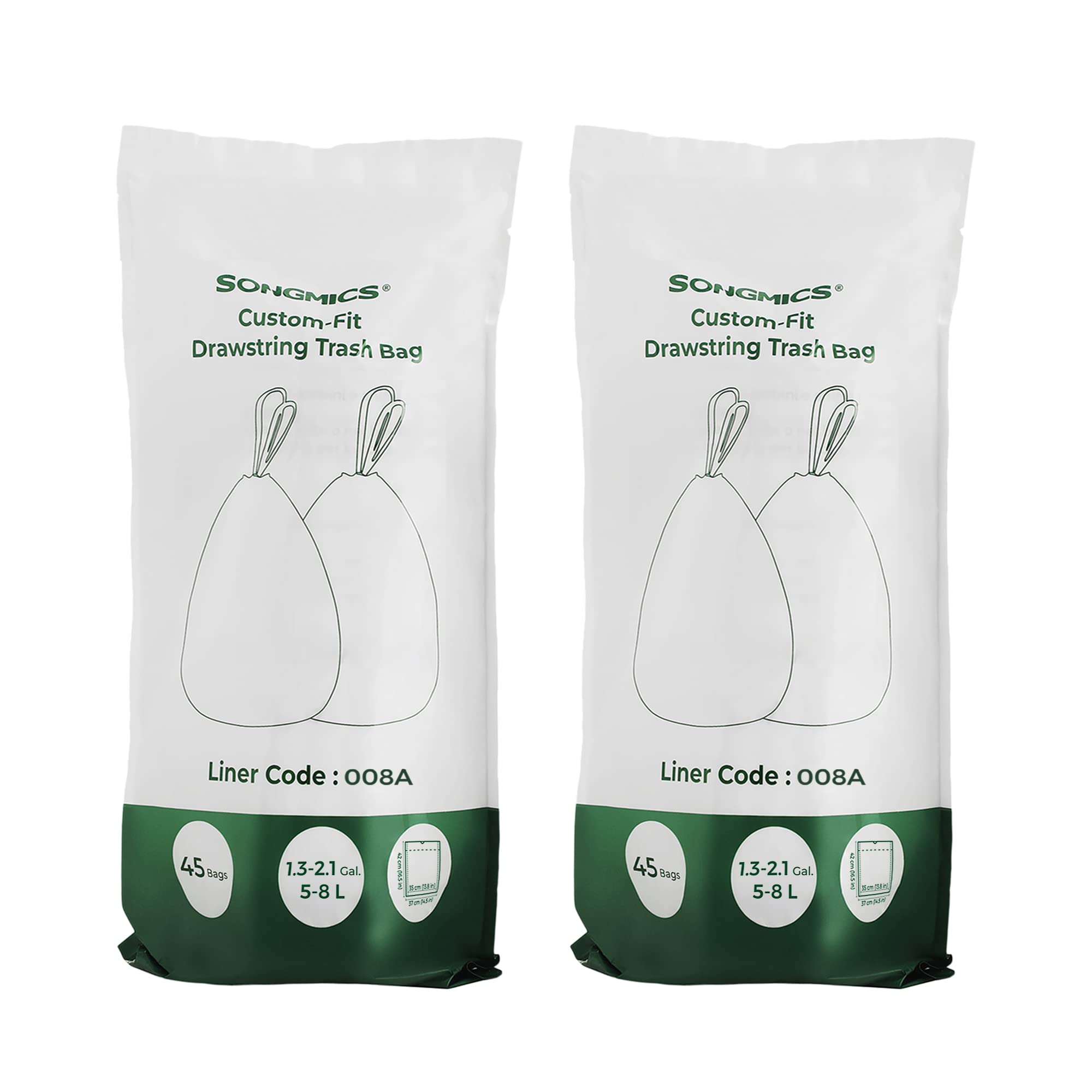 SONGMICS Müllbeutel mit Zugband, hochbelastbar, Müllsäcke für 5-8 Liter Mülleimer, bereits getrennt, Code 008A, 2 Rollen, insgesamt 90 Stück, weiß KRB008A02